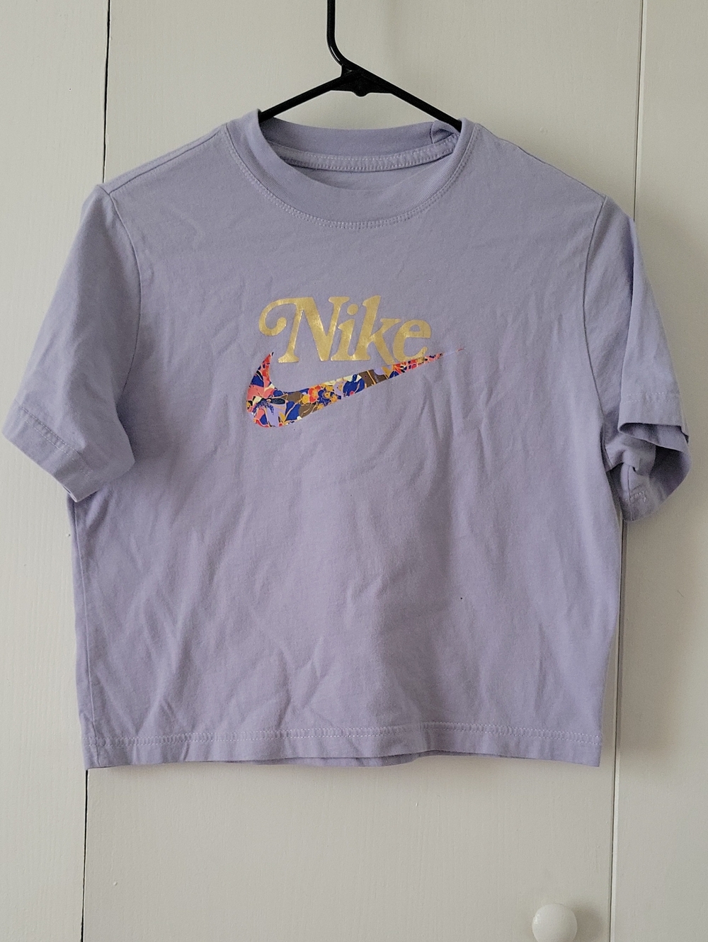 Nike Lavender Short-Sleeve Tee with Gold Logo and Multicolor Swoosh